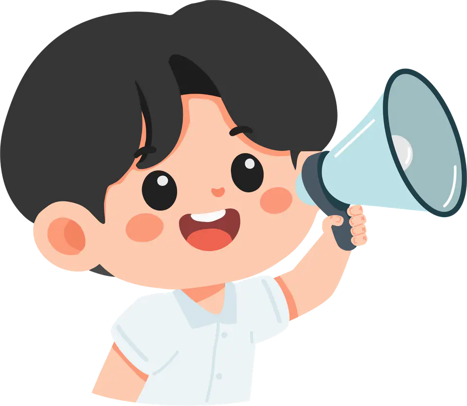 Ilustrasi anak laki-laki tersenyum sambil memegang megafon.