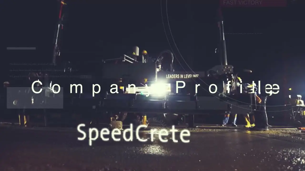 Cuplikan showreel company profile berupa kartu judul di atas adegan alat berat di lokasi proyek pada malam hari.